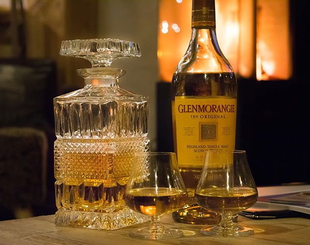 A wee dram in front of the fire on a cold wintery night.